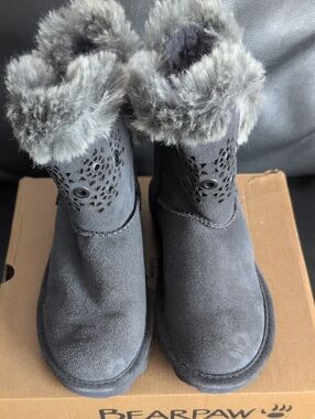BearPaw Kids' Gray Suede Faux Fur Trim Winter Boots